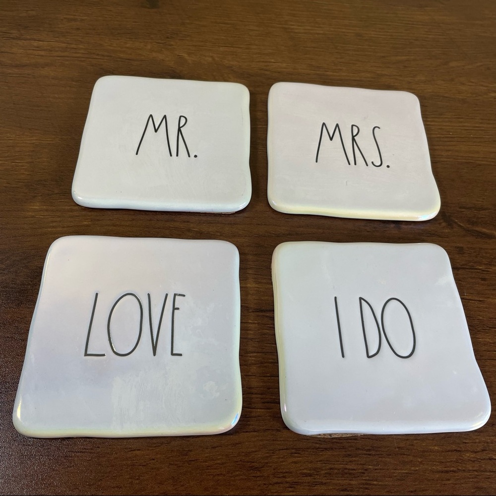 Rae Dunn Ceramic Coasters Cream with Black Letting Mr Mrs I Do Love Set of 4 - Picture 1 of 6